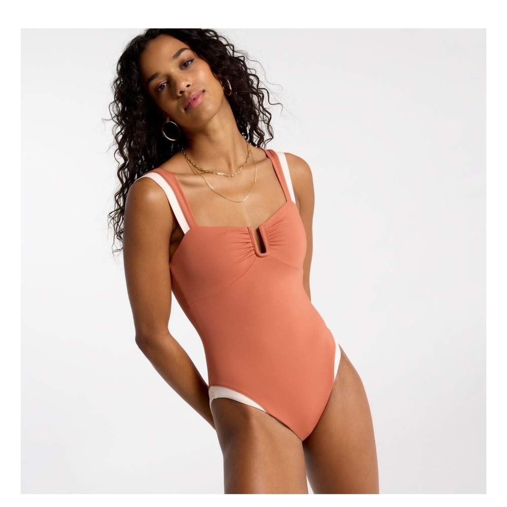 Calla Swim Collection One Piece Rust Orange Ribbed Sz 12 Neck Ruched Swimsuit